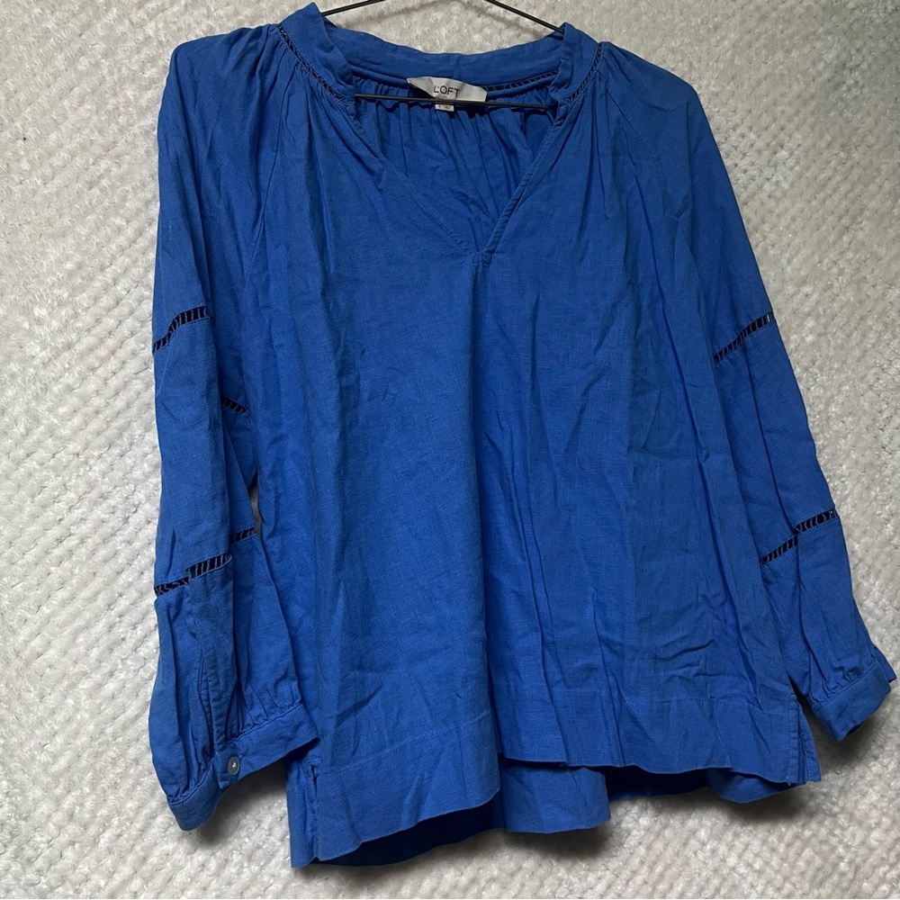 LOFT Womens Top Royal Blue Blouse with Sleeve Accents V Neck Linen Blend Small - Picture 2 of 10